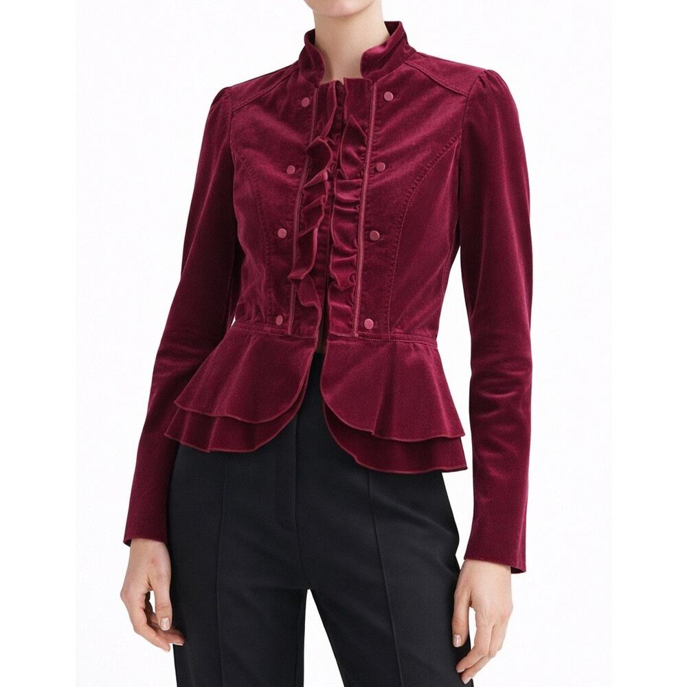 WHBM Burgundy Velvet Ruffle Peplum Jacket Victorian Romantic Gothic Size XS